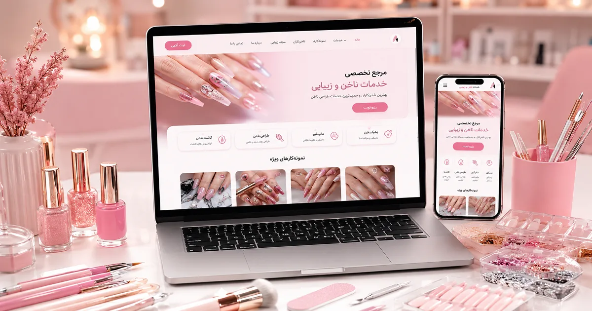 تصویری از صفحه اختصاصی ناخن‌کار حرفه‌ای که خدمات طراحی، کاشت ناخن، نمونه‌کارها و راه‌های ارتباطی را در یک وب‌سایت معرفی می‌کند.